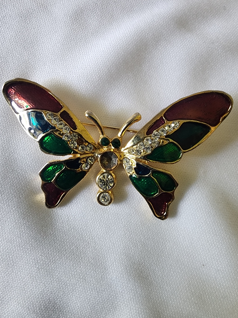 Gold-Tone Butterfly Brooch with Green and Burgundy Enamel